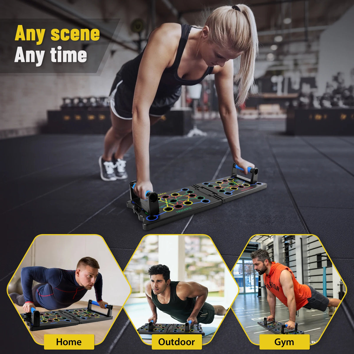 Black foldable push-up board with blue handles, featuring color-coded workout slots and resistance rope attachments.