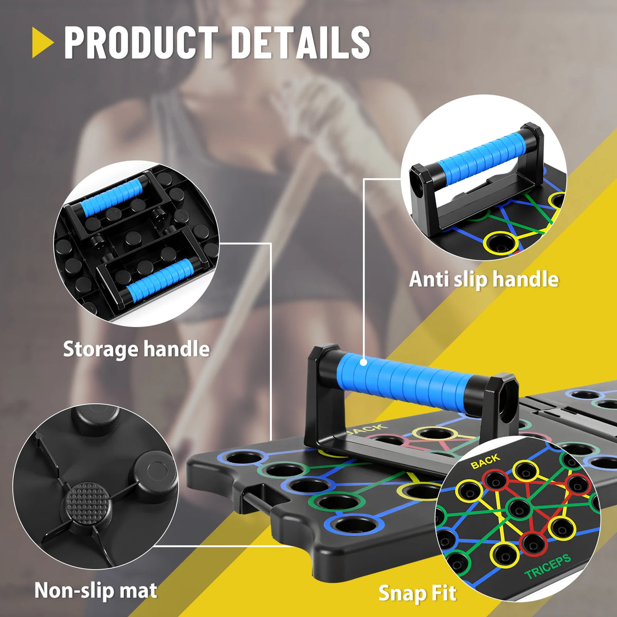 Black foldable push-up board with blue anti-slip handles, colorful muscle group markings, and inset feature callouts.