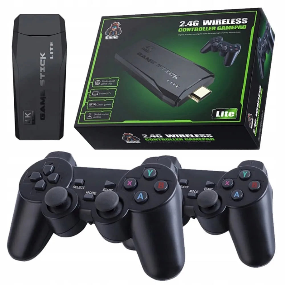 Black retro game stick console, packaging box, and two wireless controllers with dual joysticks.