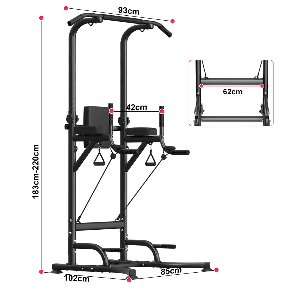 Black multi-function power tower with pull-up bar, dip handles, padded backrest, arm rests, and dimension arrows.