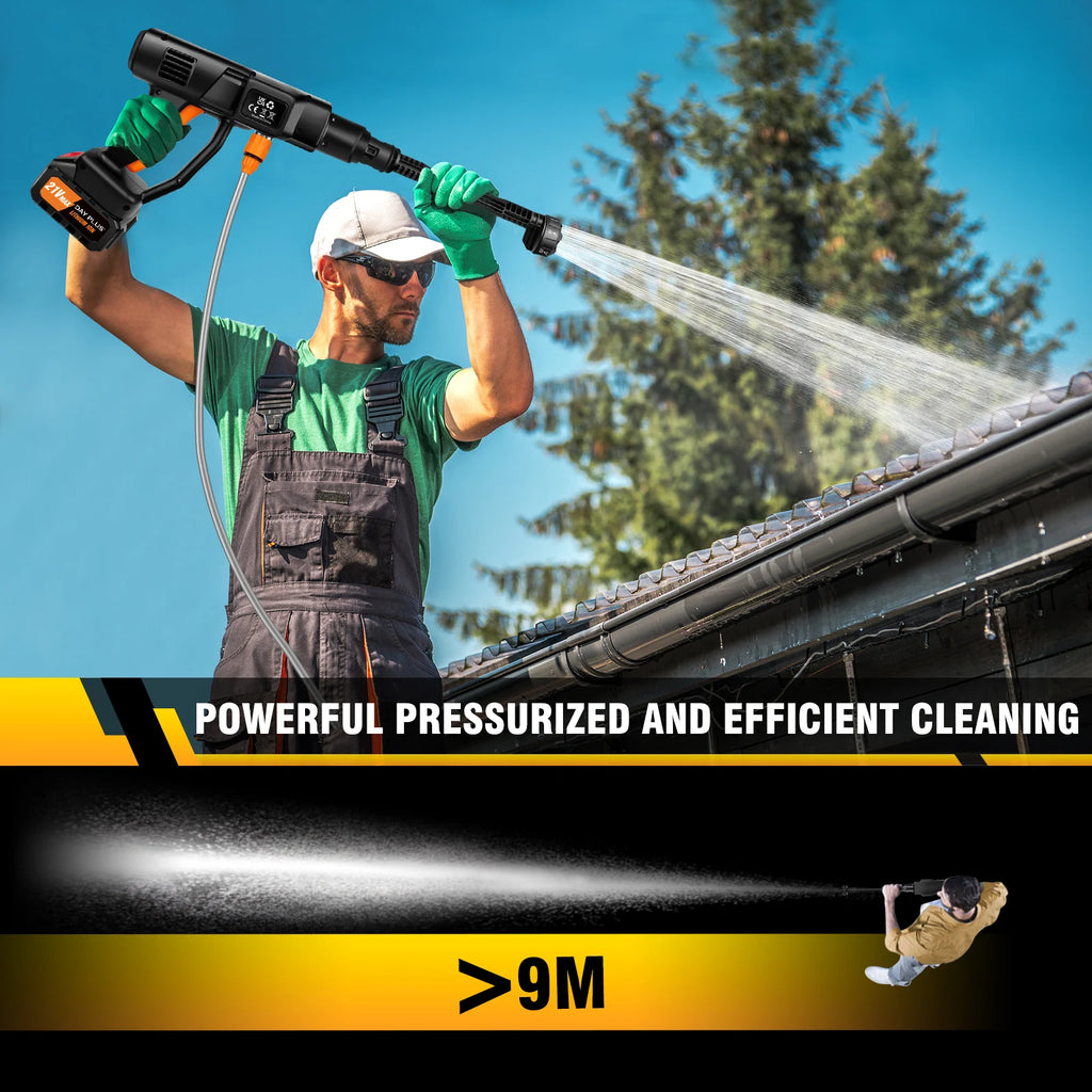 Black cordless high-pressure water gun with battery pack, spraying water upward from a connected hose.