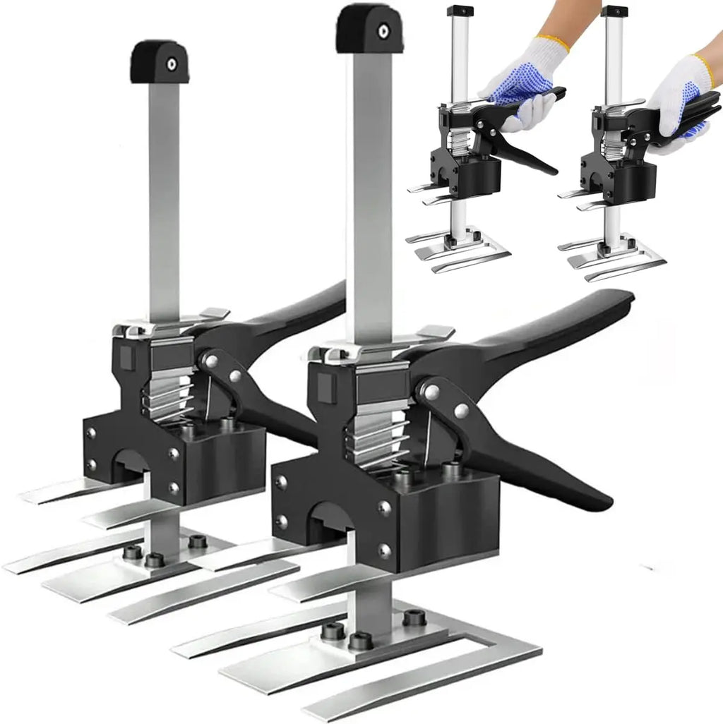 Two silver and black labor-saving arm jacks with ergonomic handles and flat base plates.