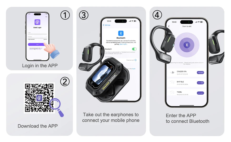 Steps for connecting black, ergonomic open-ear wireless earbuds to a mobile app via Bluetooth.