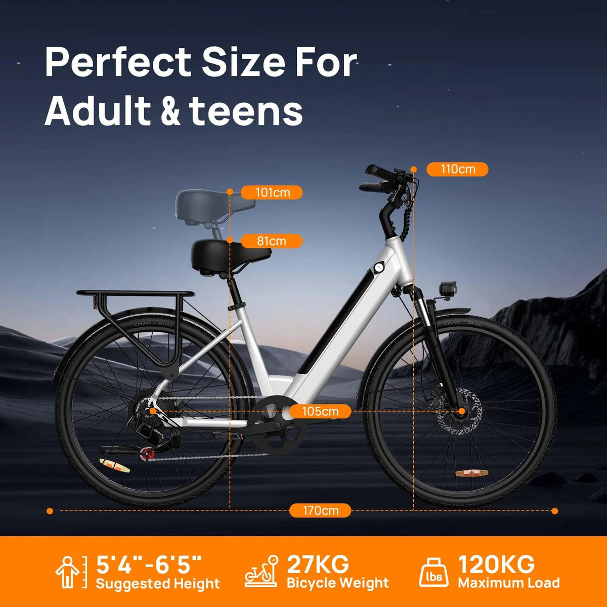 Silver commuter e-bike with 26-inch black tires, rear rack, and height dimension overlays against a dusk landscape.