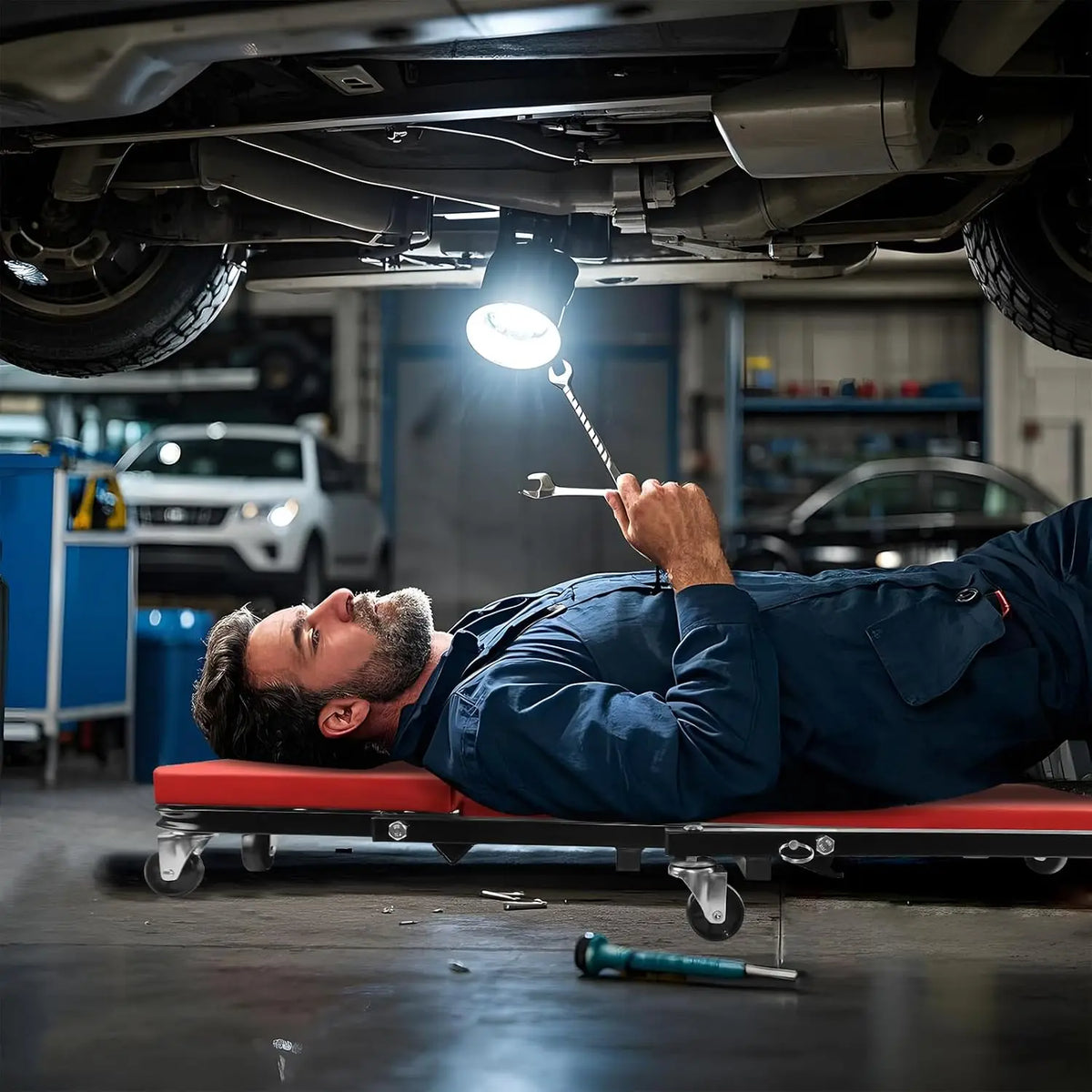 Red and black 2-in-1 folding car creeper with swivel wheels, used by mechanic under car.