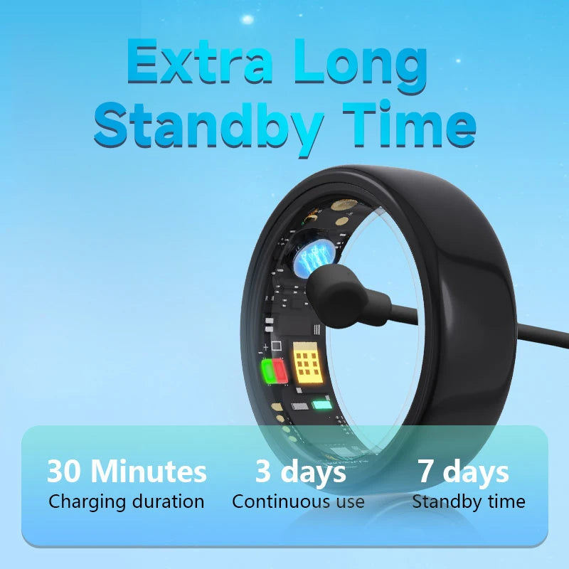 Sleek black smart ring being charged via a magnetic cable, featuring battery stats on a light blue background.