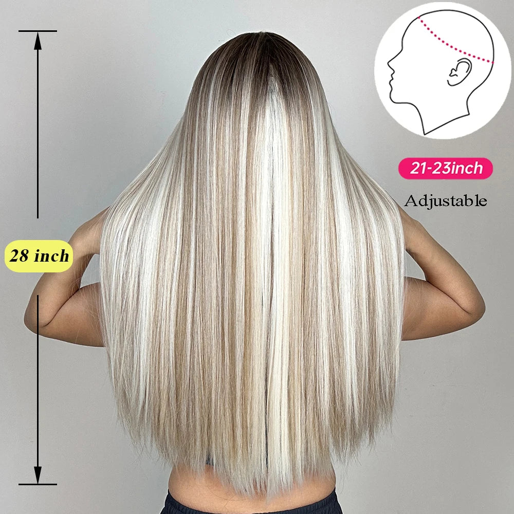Rear view of long, straight synthetic wig in silver and blonde highlights, showing 28-inch length and 21-23 inch cap size.