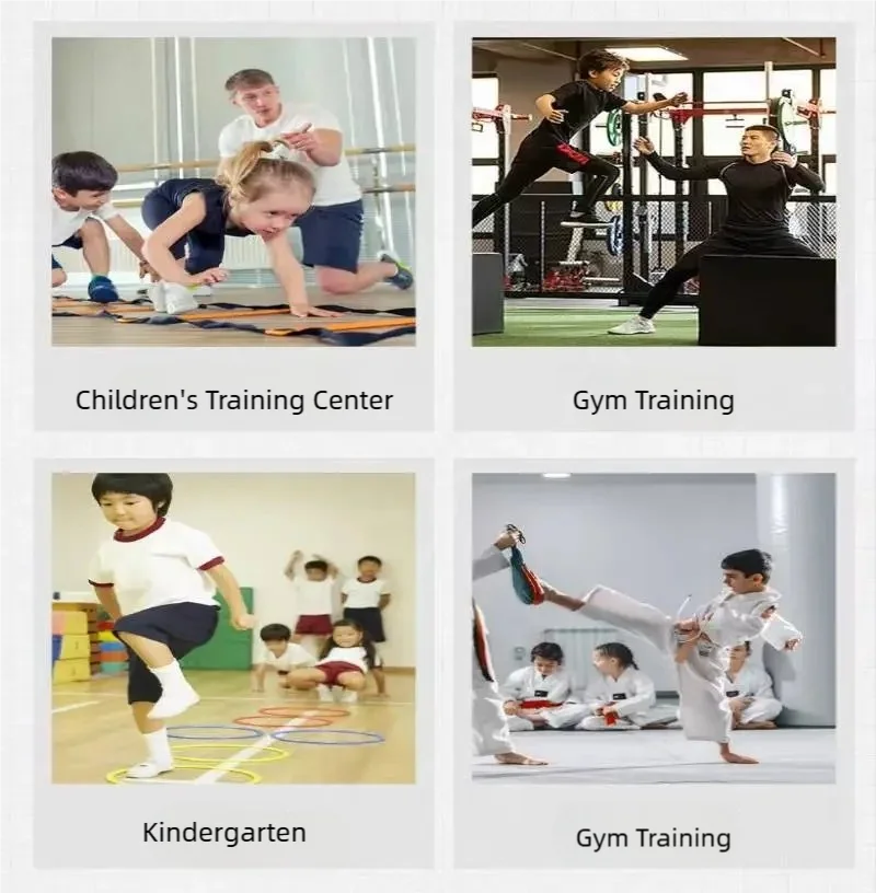 A collage of children and adults participating in various sports and fitness training activities in gym settings.
