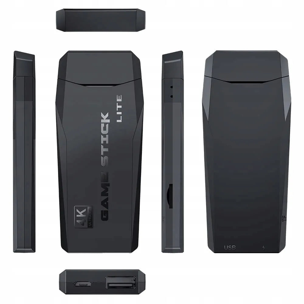 Black Game Stick Lite retro console shown from multiple angles with 4K branding, USB port, and TF card slot.