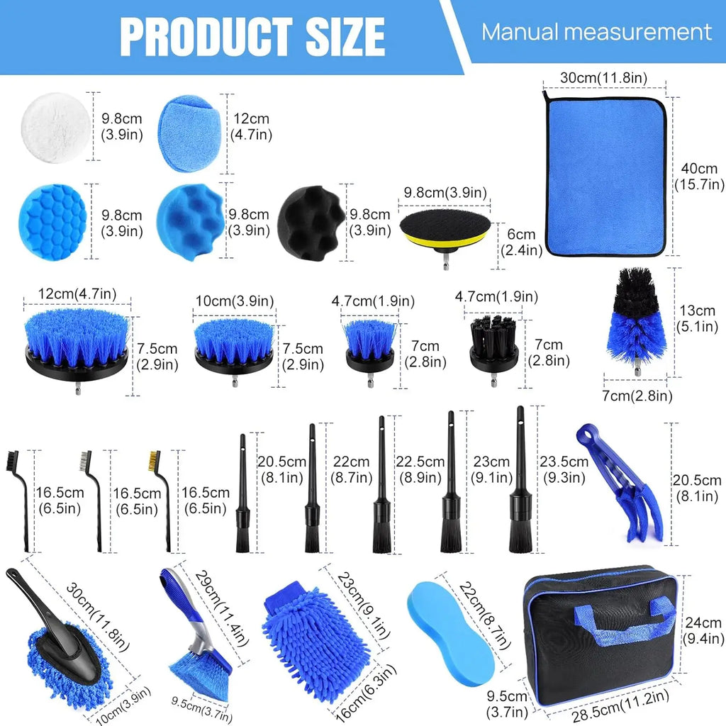 29-piece blue and black car detailing brush set with drill brushes, microfiber towels, detailing brushes, and storage bag with size measurements.