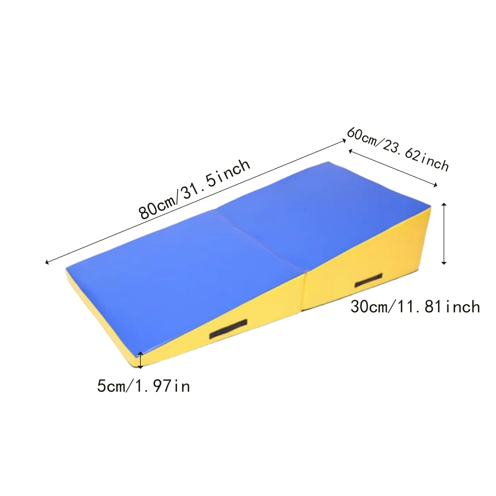 Blue and yellow foldable gymnastics wedge mat with measurements shown for tumbling and training.