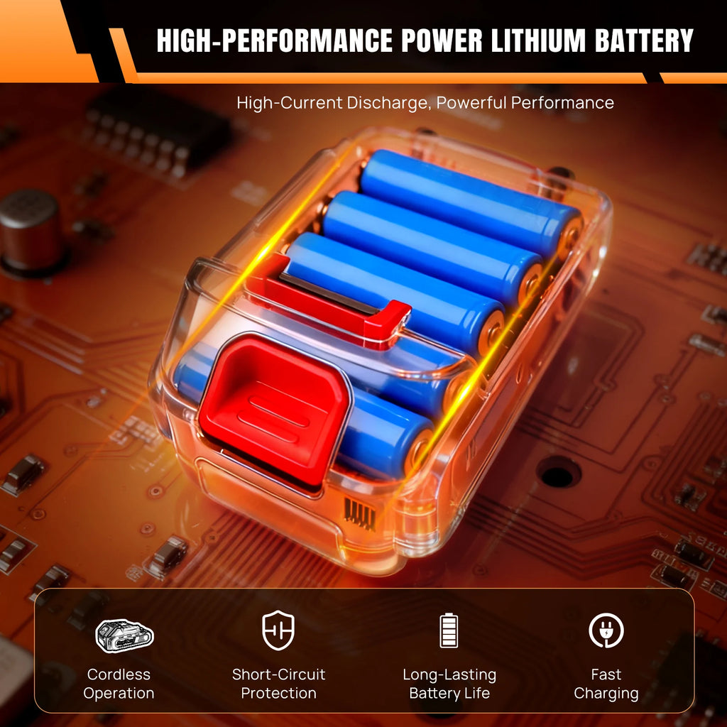 Translucent battery pack showing six blue lithium-ion cells with a red release button.