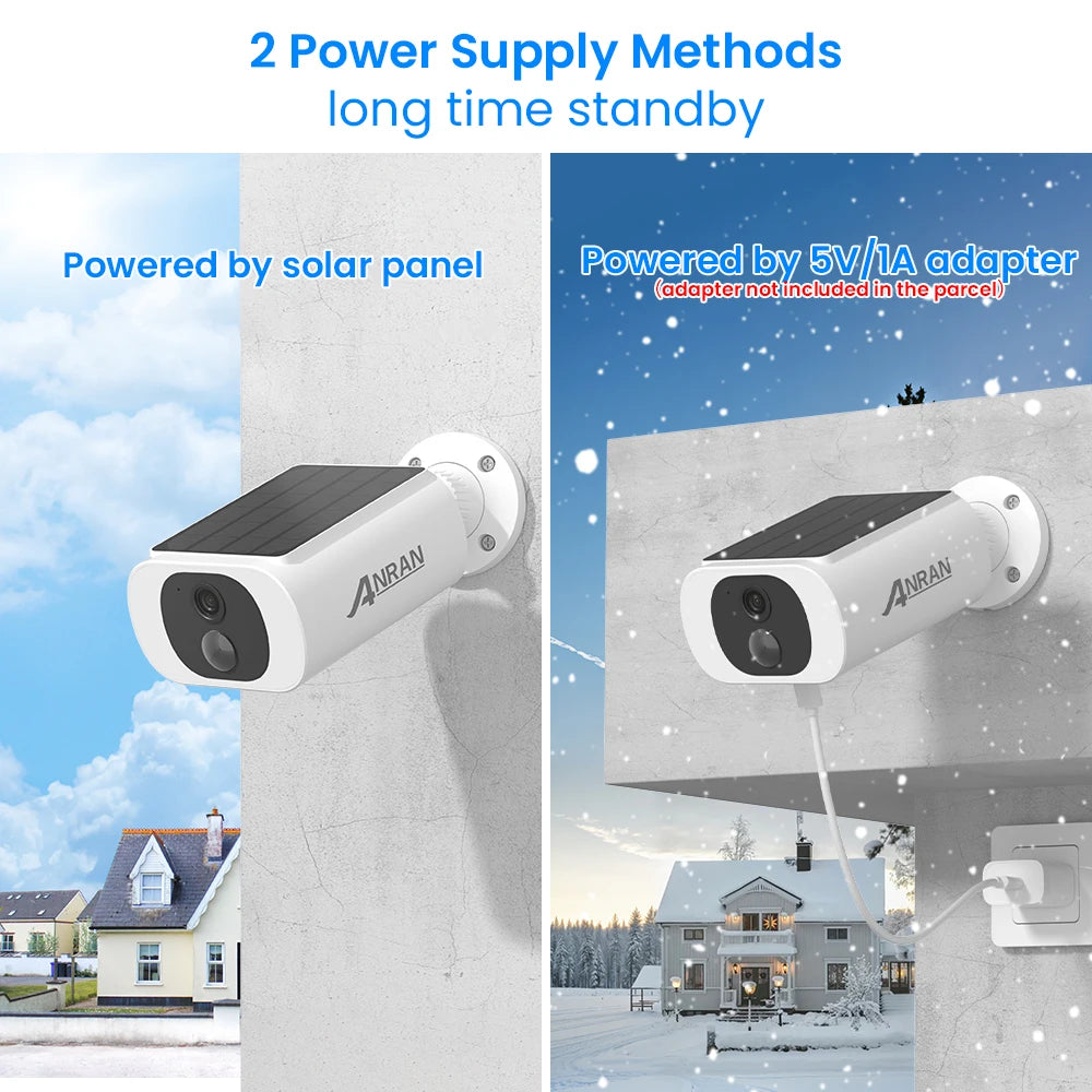 Two ANRAN security cameras mounted outdoors, showing solar-powered and adapter-powered options against sky and snow.