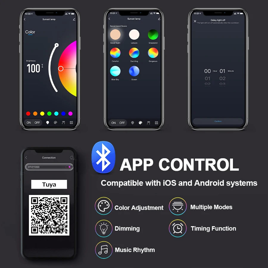 Smart LED sunset lamp app interface showing colour selection, scene modes, dimming, scheduling, and Bluetooth control.
