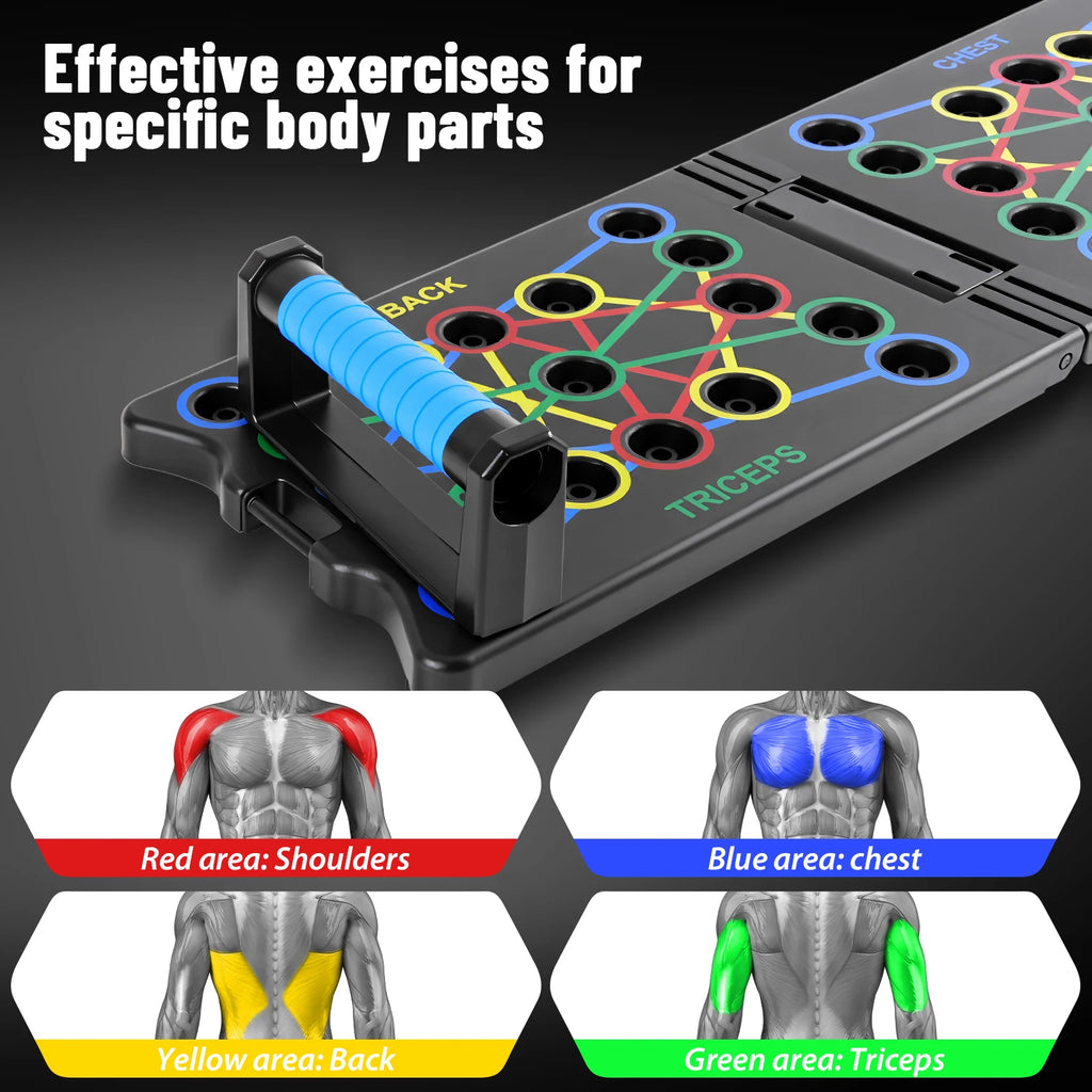 Black foldable push-up board with color-coded slots and a blue-gripped handle, showing muscle targeting guides.