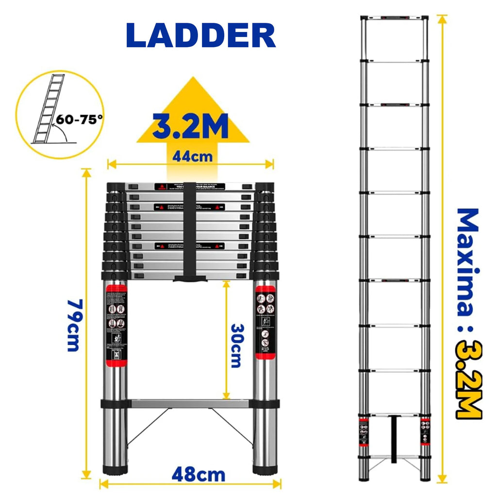 Silver extendable aluminum ladder shown fully retracted and fully extended with dimension labels.