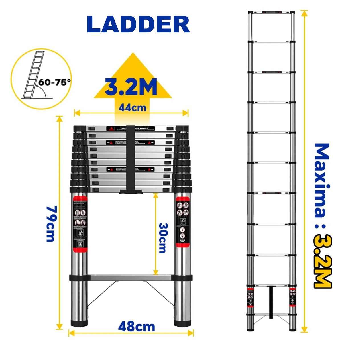 Silver extendable aluminum ladder shown fully retracted and fully extended with dimension labels.