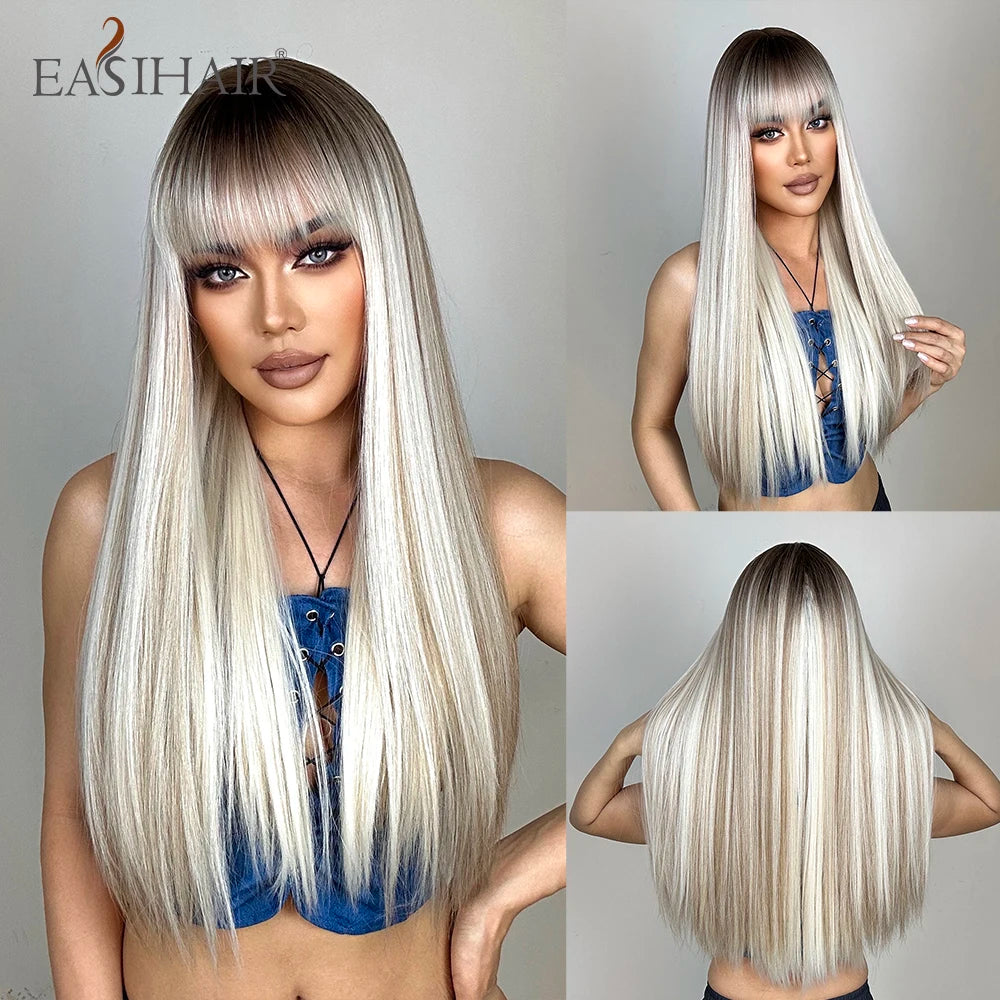 Long straight synthetic wig in silver and blonde highlights with dark roots and front bangs worn by a woman.