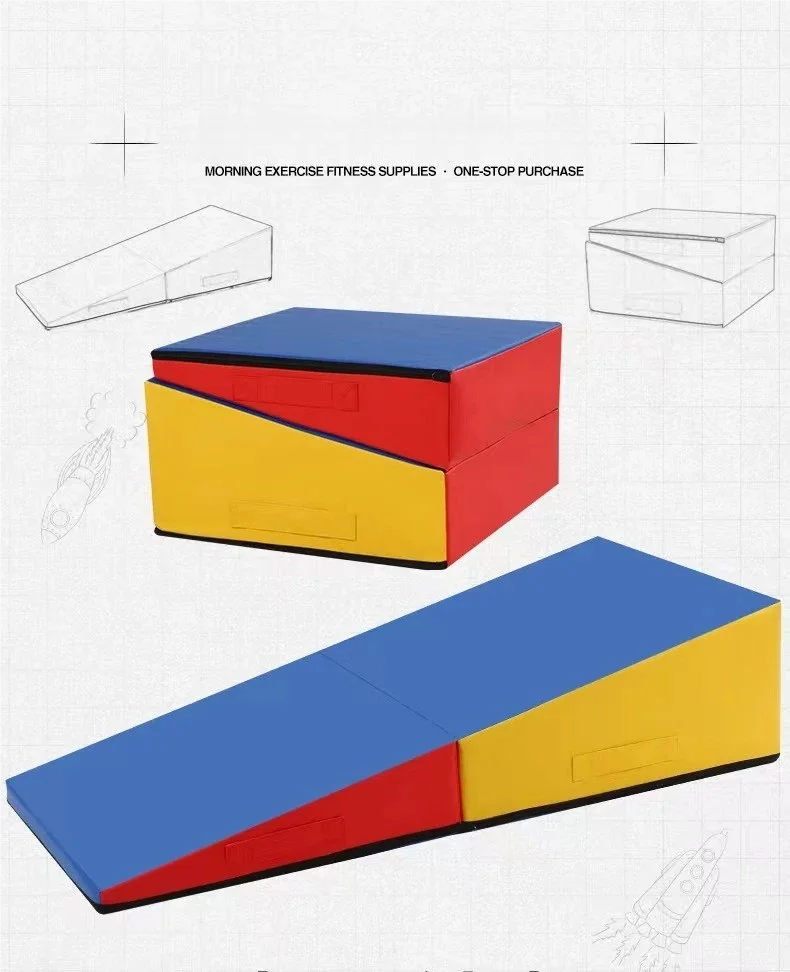 Foldable gymnastics wedge mat in red, blue, and yellow. Shown both folded into a block and unfolded as a ramp.