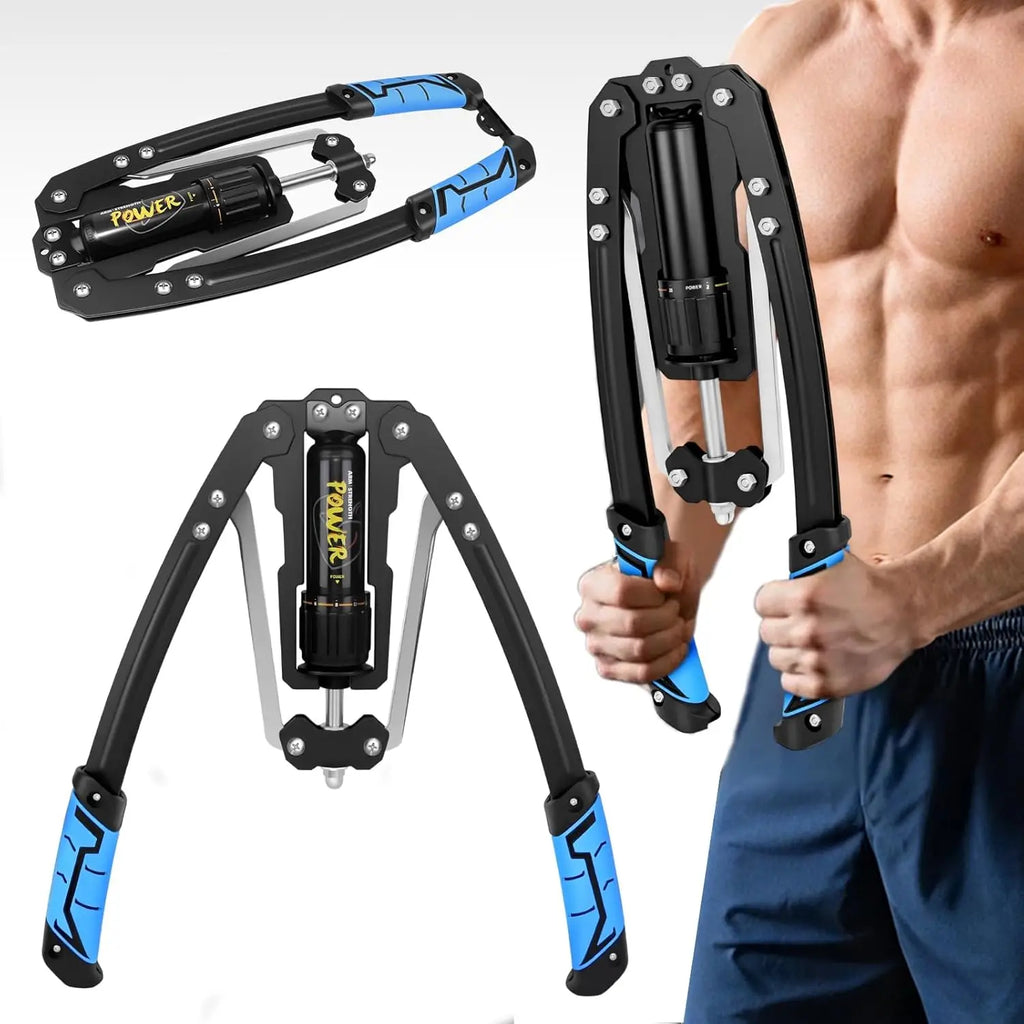 Black and blue hydraulic arm exerciser with central resistance cylinder, shown folded, open, and in use.