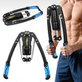 Black and blue hydraulic arm exerciser with central resistance cylinder, shown folded, open, and in use.