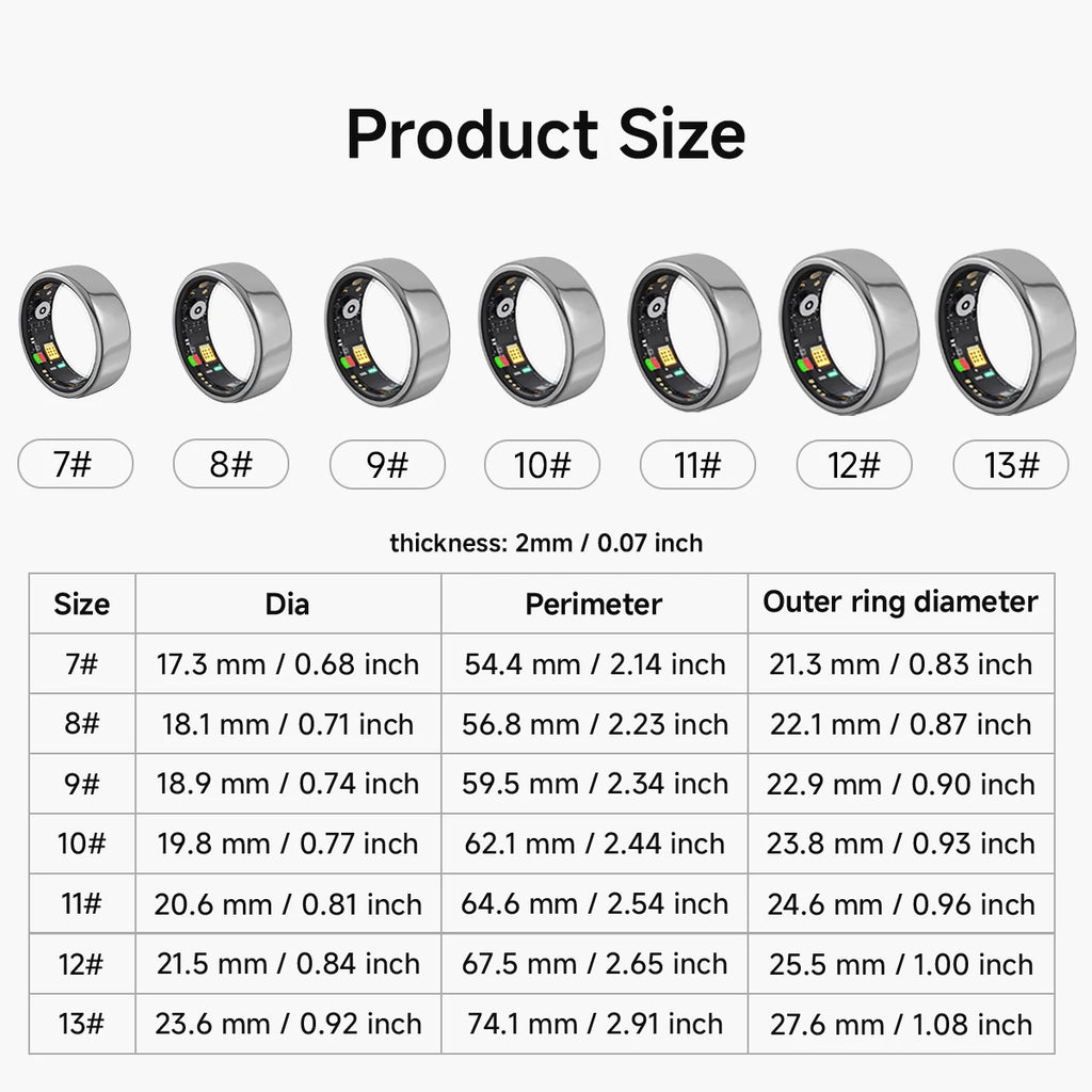 Size guide for a sleek, silver smart health and sleep tracking ring, showing internal sensors and varied ring diameters.
