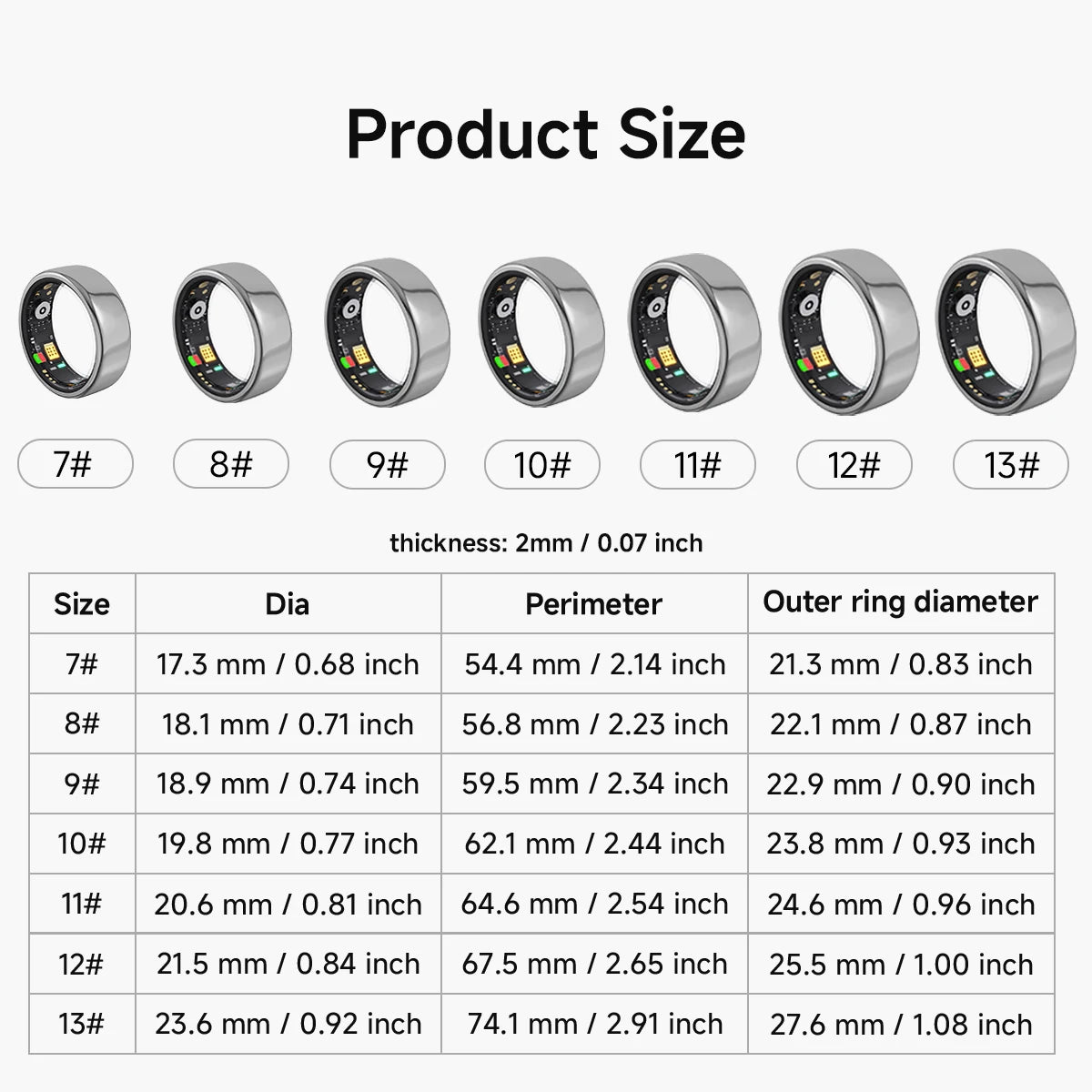 Size guide for a sleek, silver smart health and sleep tracking ring, showing internal sensors and varied ring diameters.