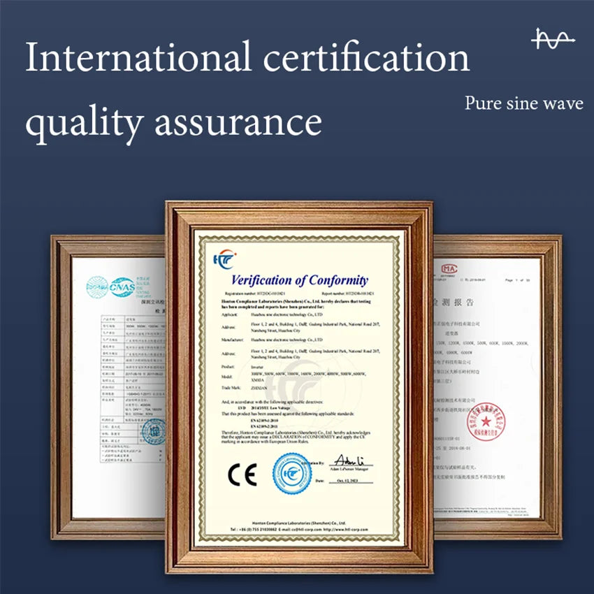 Three framed official certificates of conformity displayed against a dark blue background to show quality assurance.