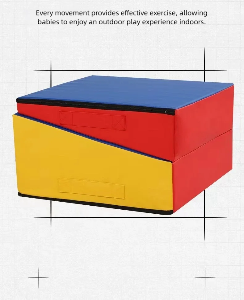 Foldable gymnastics wedge mat in primary red, blue, and yellow colours, featuring carry handles for easy transport.