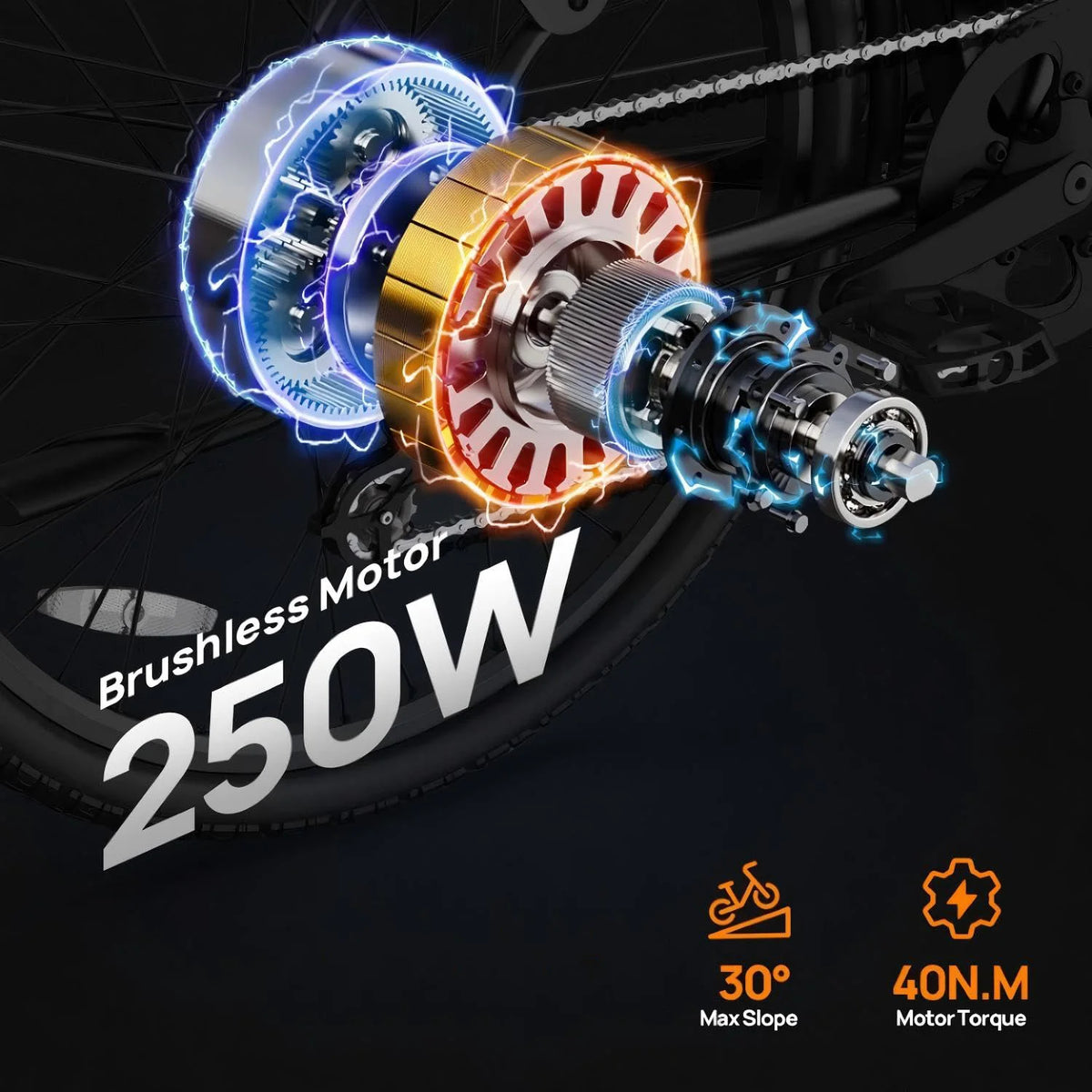 Urlife E26 e-bike's 250W brushless motor sliced open, showing inner gears and glowing electrical effects.