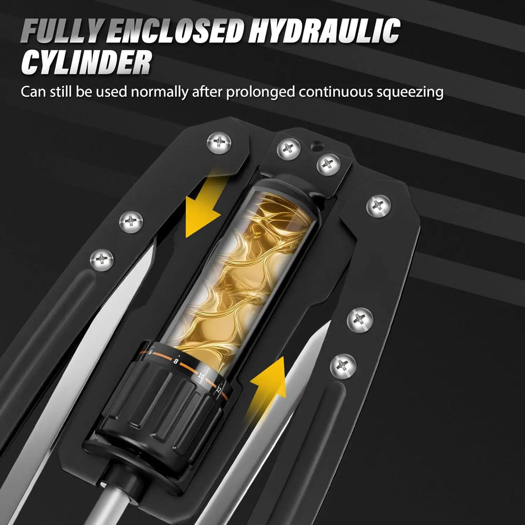 Black hydraulic chest exerciser with a central cylinder showing golden fluid, resistance dial, and text overlay.