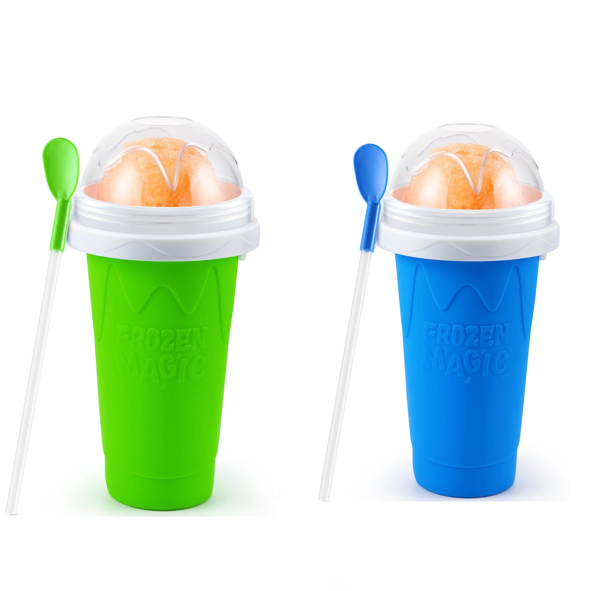 Two DIY slushy maker squeeze cups in bright green and blue, each with a clear dome lid and matching spoon-straw.