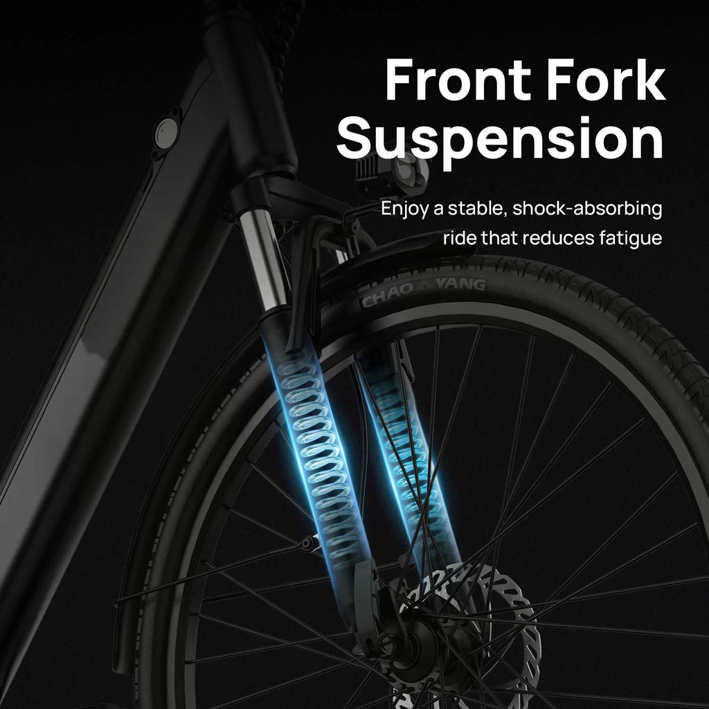 Black Urlife E26 electric bike front fork suspension highlighting internal springs and standard tire.