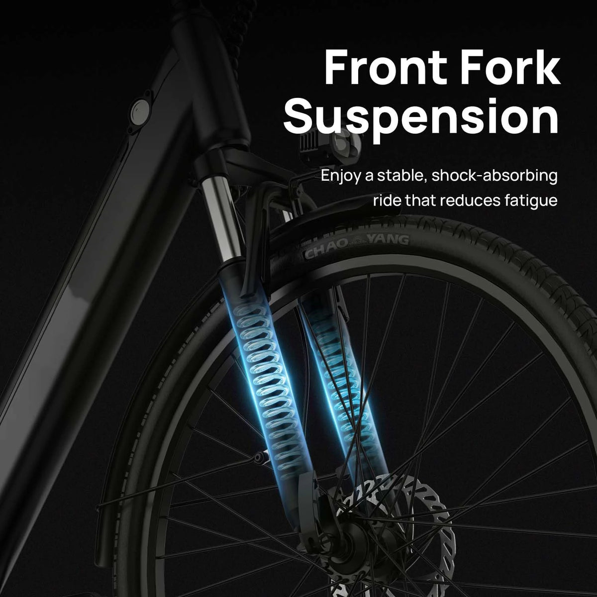 Black Urlife E26 electric bike front fork suspension highlighting internal springs and standard tire.