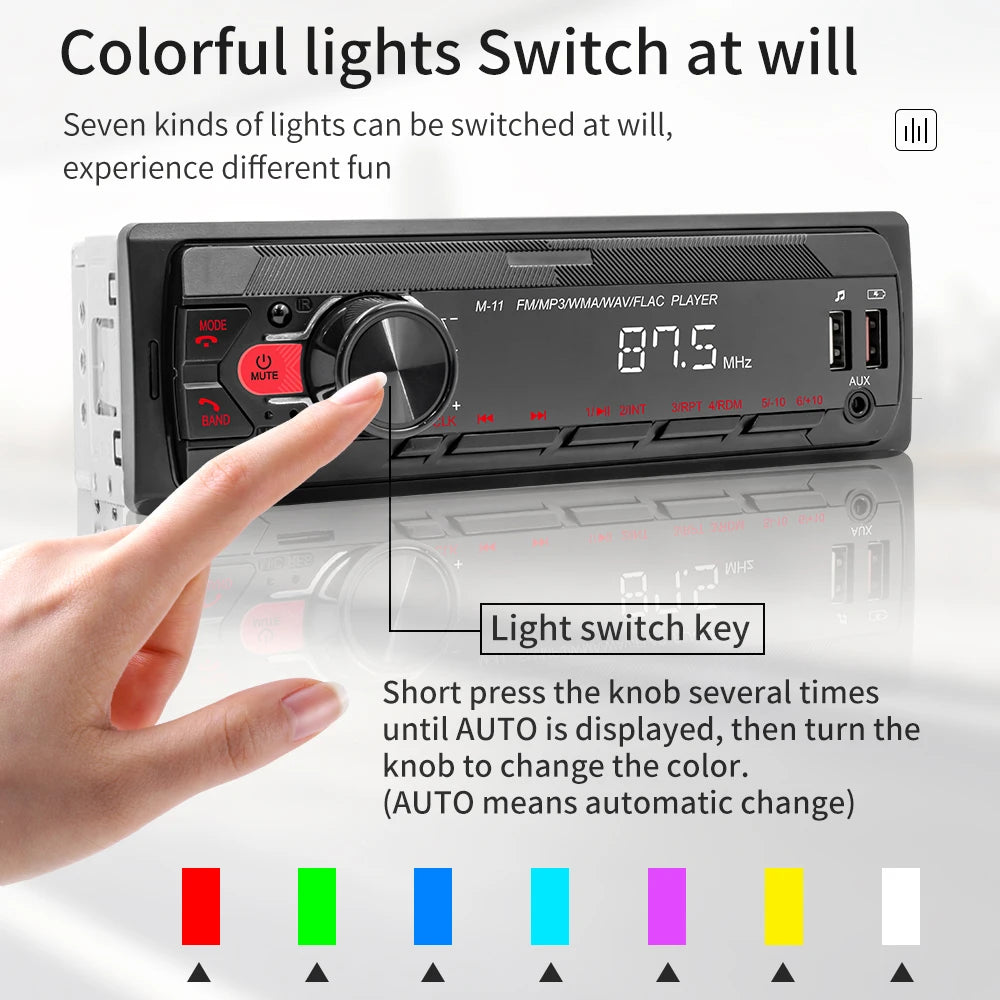 Black 1 DIN car stereo radio with central volume knob, digital LCD screen, dual USB ports, and a finger touching the knob.