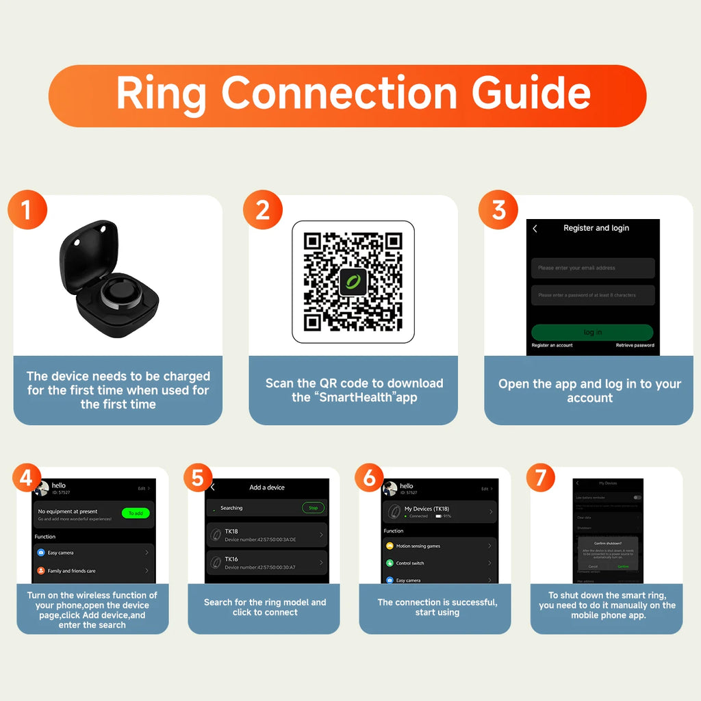 A 7-step guide showing a sleek black smart health ring, charging case, QR code, and mobile app setup instructions.