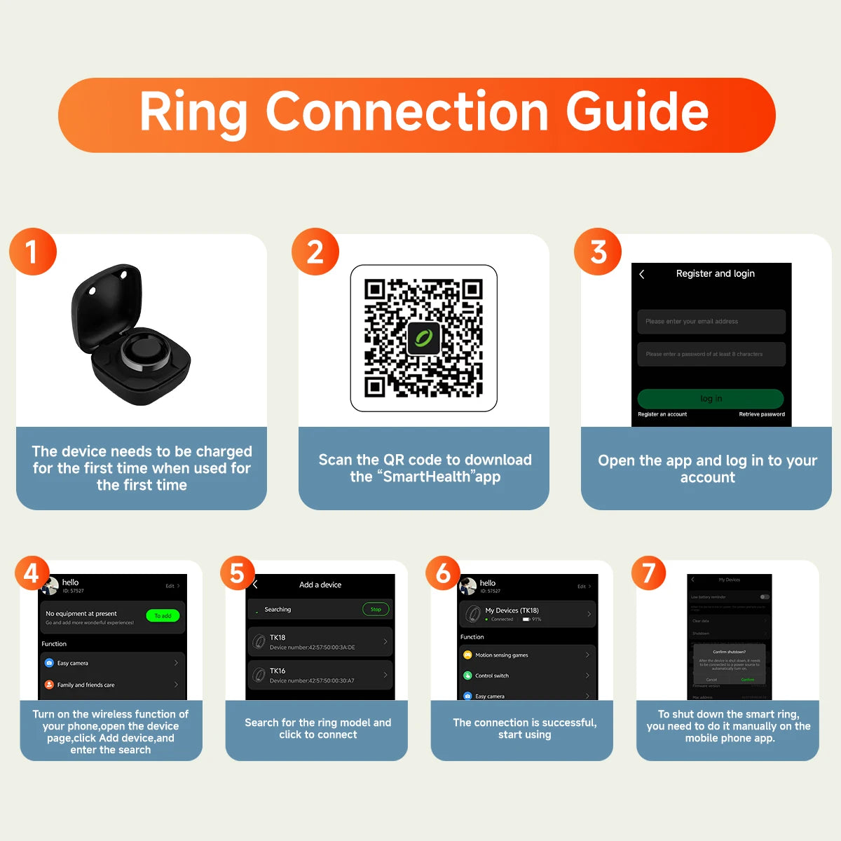 A 7-step guide showing a sleek black smart health ring, charging case, QR code, and mobile app setup instructions.
