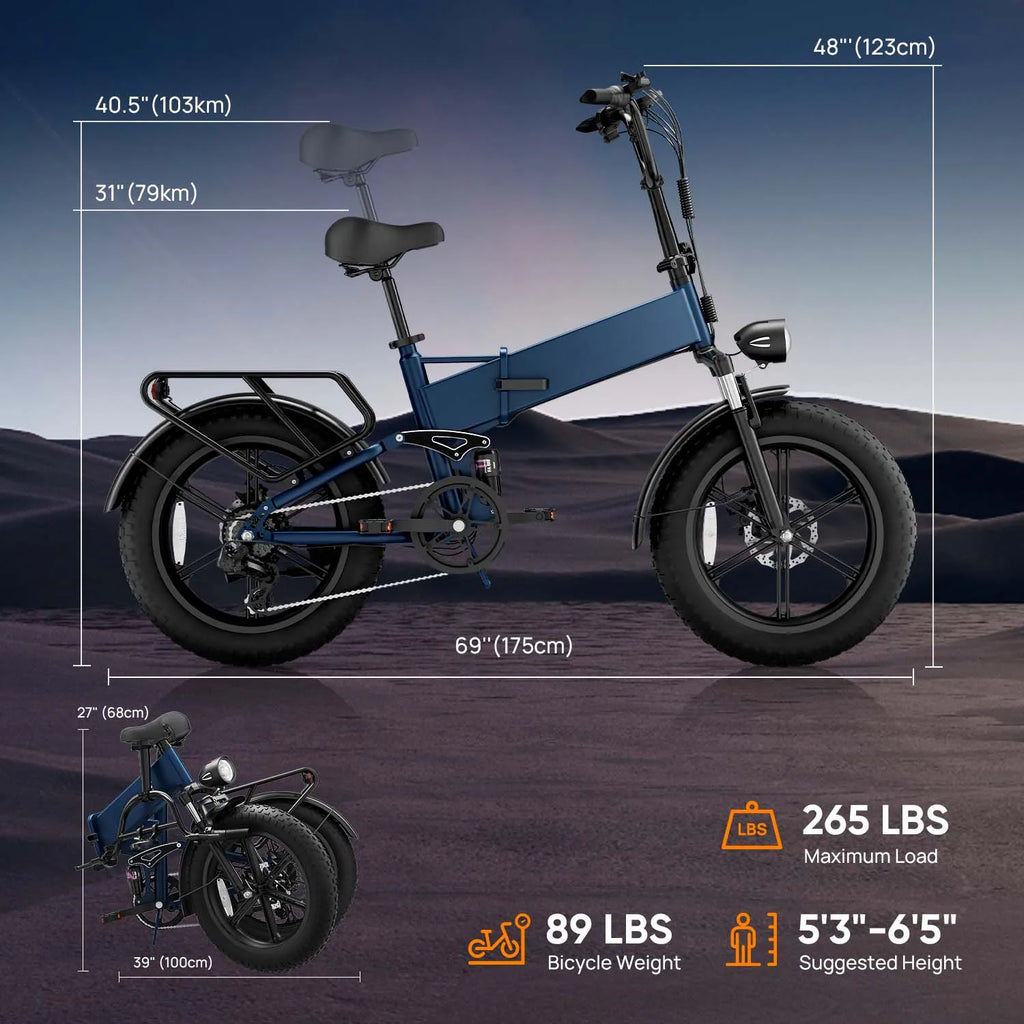 Dark blue folding electric mountain bike with thick 4-inch fat tires, rear rack, and measurement overlays.