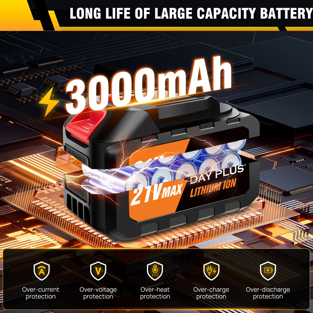 Black 21V 3000mAh lithium-ion battery pack with internal cylindrical cells, orange accents, and safety icons.