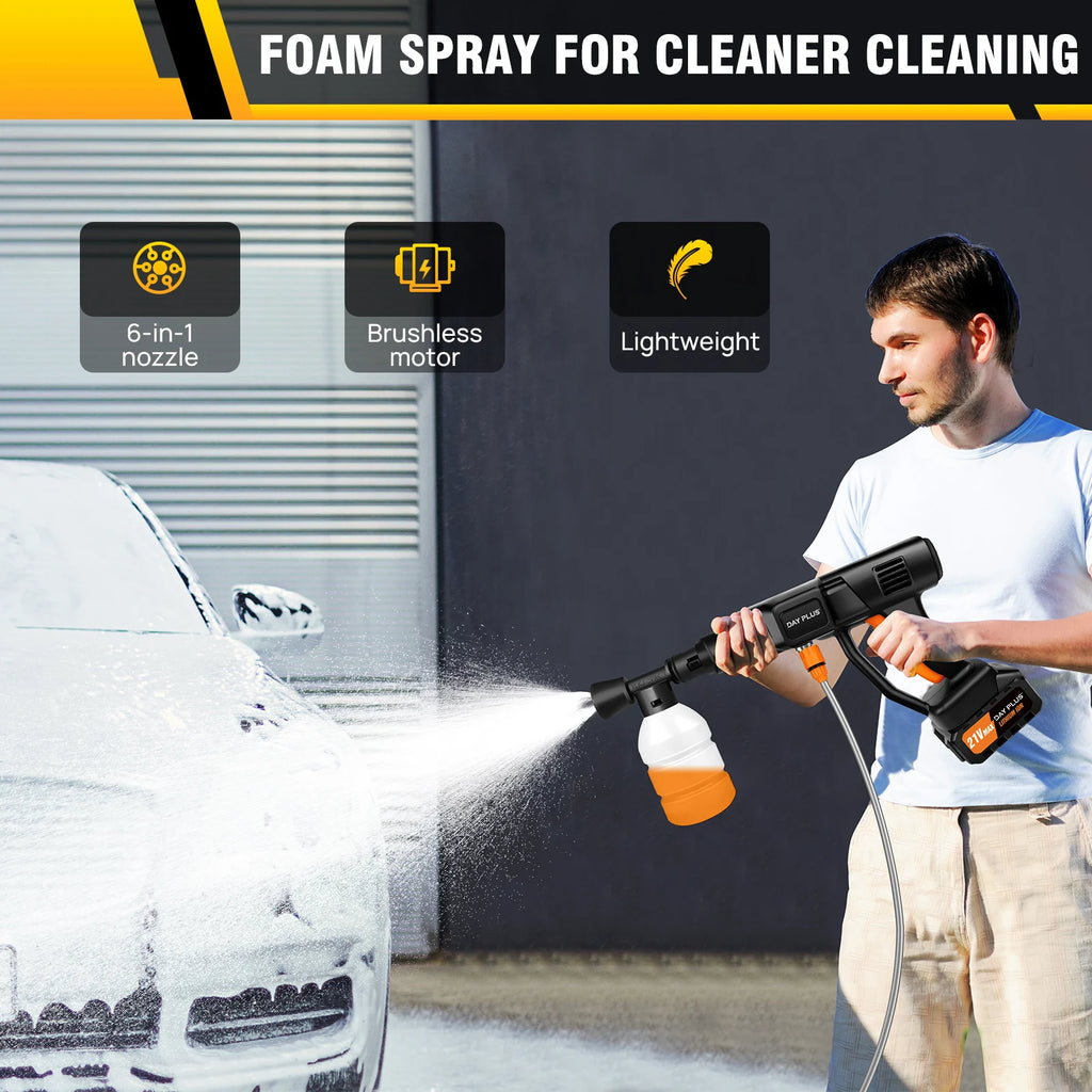 Black and orange cordless pressure washer spraying foam onto a car with attached hose and battery.