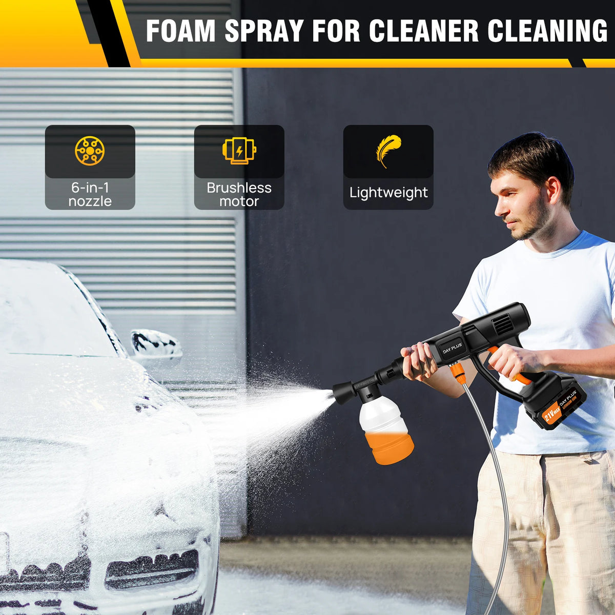Black and orange cordless pressure washer spraying foam onto a car with attached hose and battery.