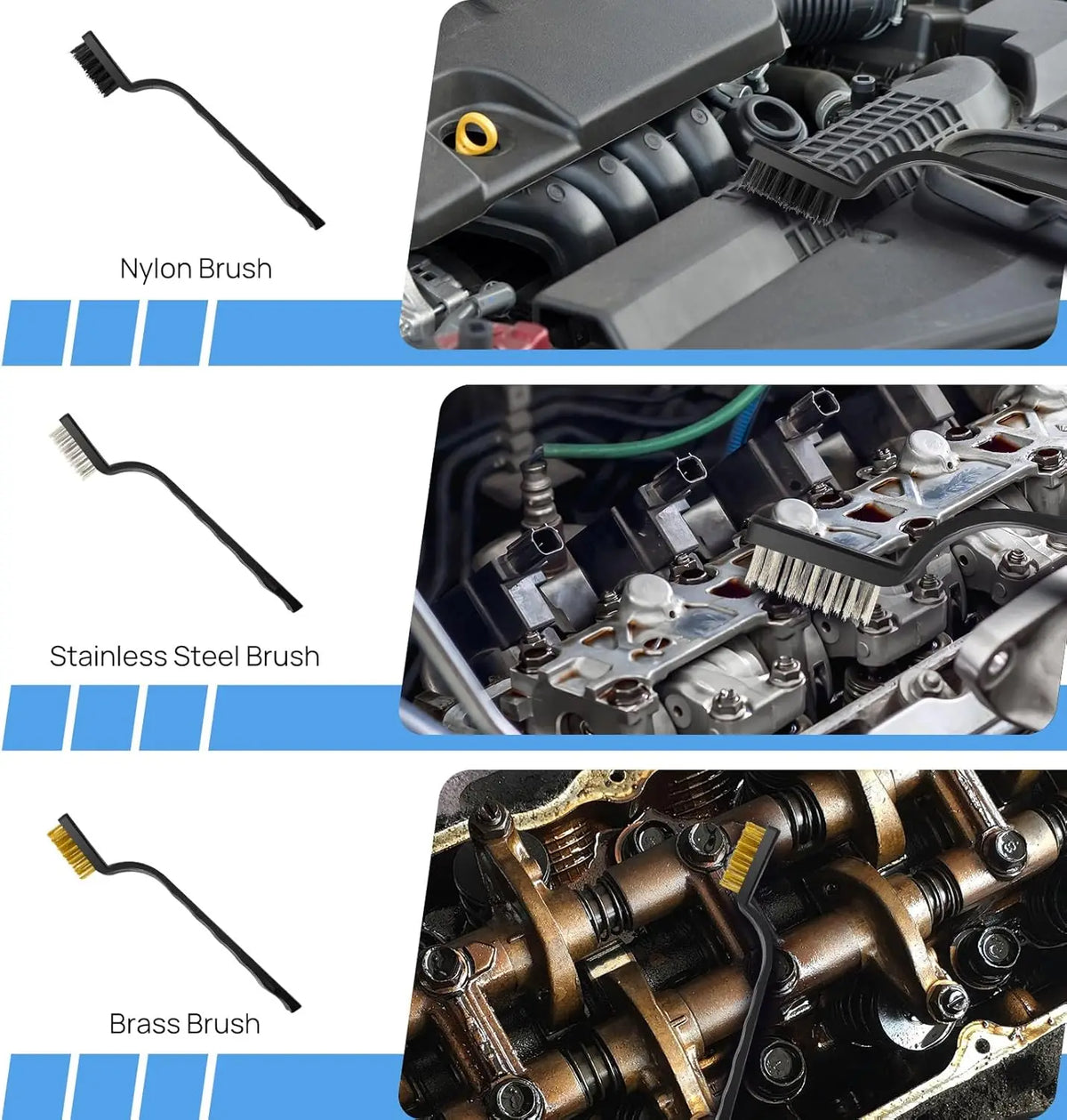 Three black automotive brushes with nylon, steel, and brass bristles, shown cleaning car engines.