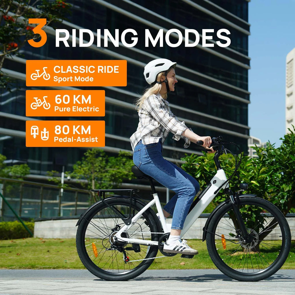 White Urlife E26 commuter e-bike with 26-inch tires, rear rack, and disc brakes, ridden outdoors.