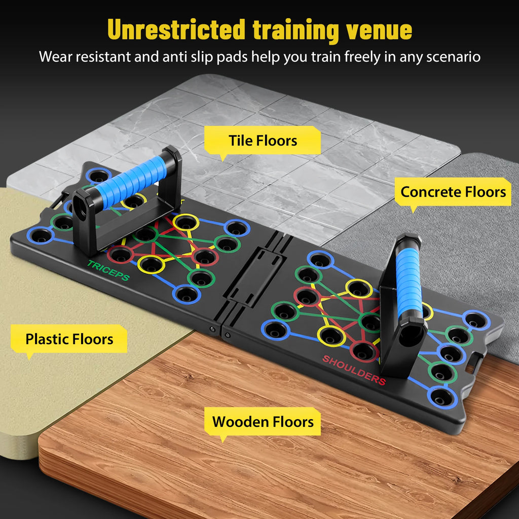 Black foldable push-up board with blue and black handles, featuring color-coded slots for varied muscle workouts.