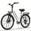 White electric commuter bike with black front fork, handlebars, seat, and rear cargo rack on thin tires.