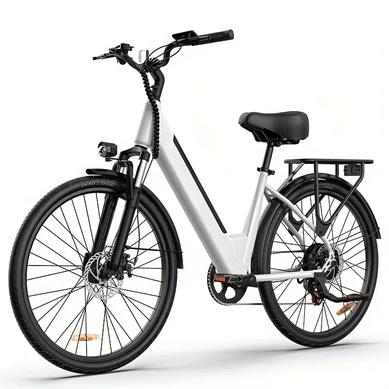 White electric commuter bike with black front fork, handlebars, seat, and rear cargo rack on thin tires.