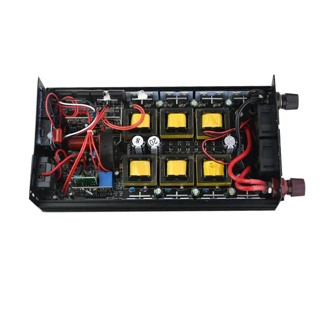 Internal view of a black power inverter, showing the electronic circuit board, yellow transformers and red wiring.
