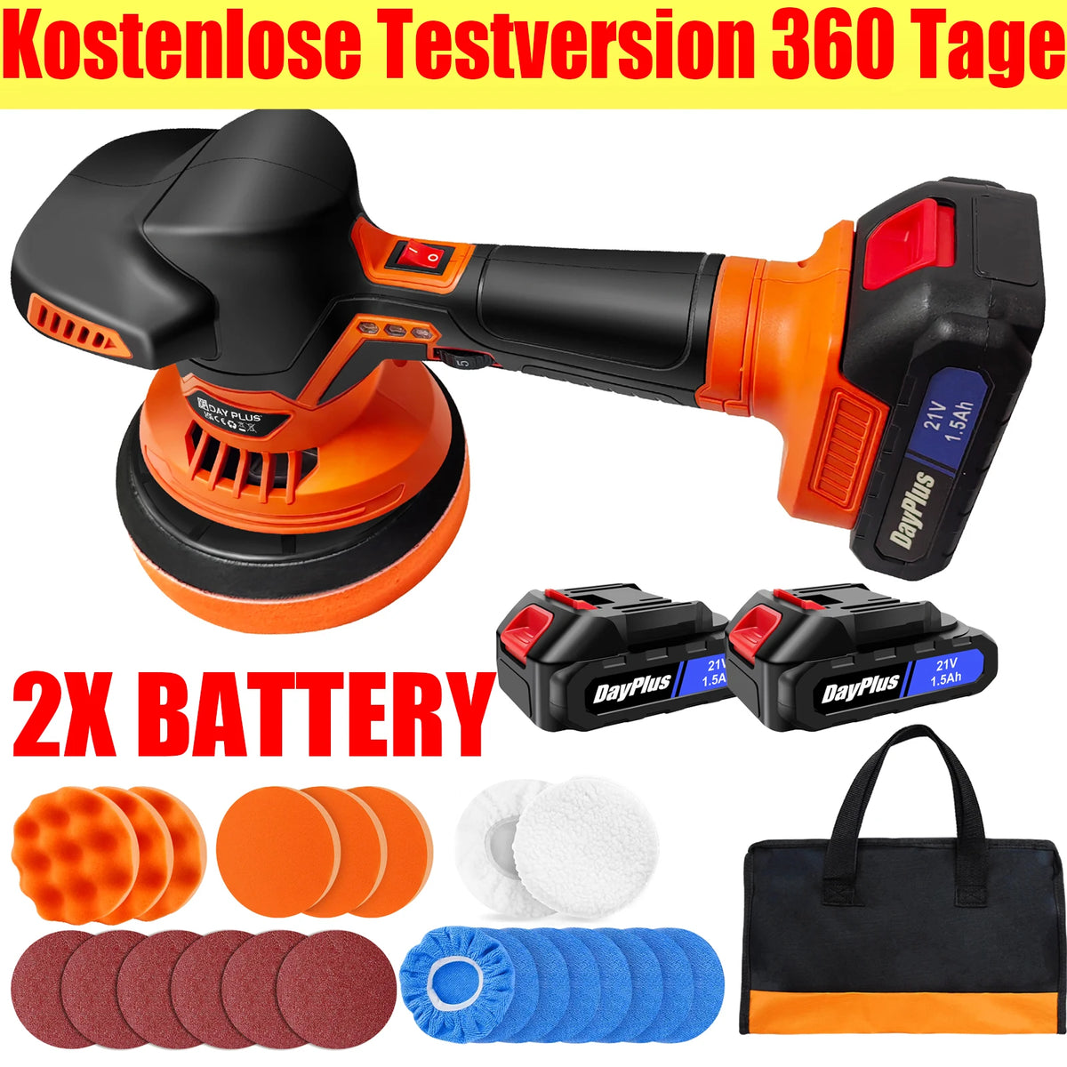 Orange and black cordless 6-inch dual action car polisher with two batteries, various pads, and a storage bag.