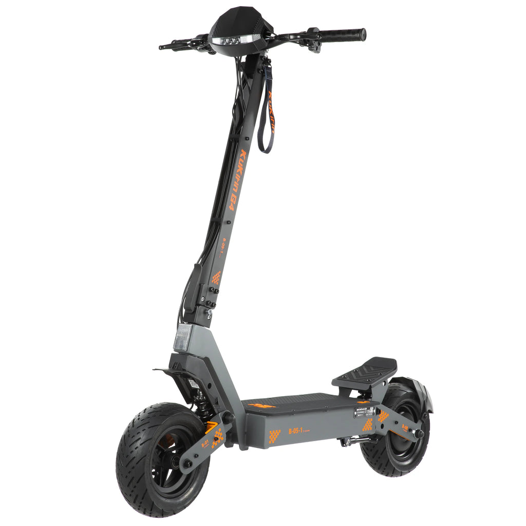 Kukirin G4 grey electric scooter with wide handlebars, orange branding, and large fat tires on a white background.