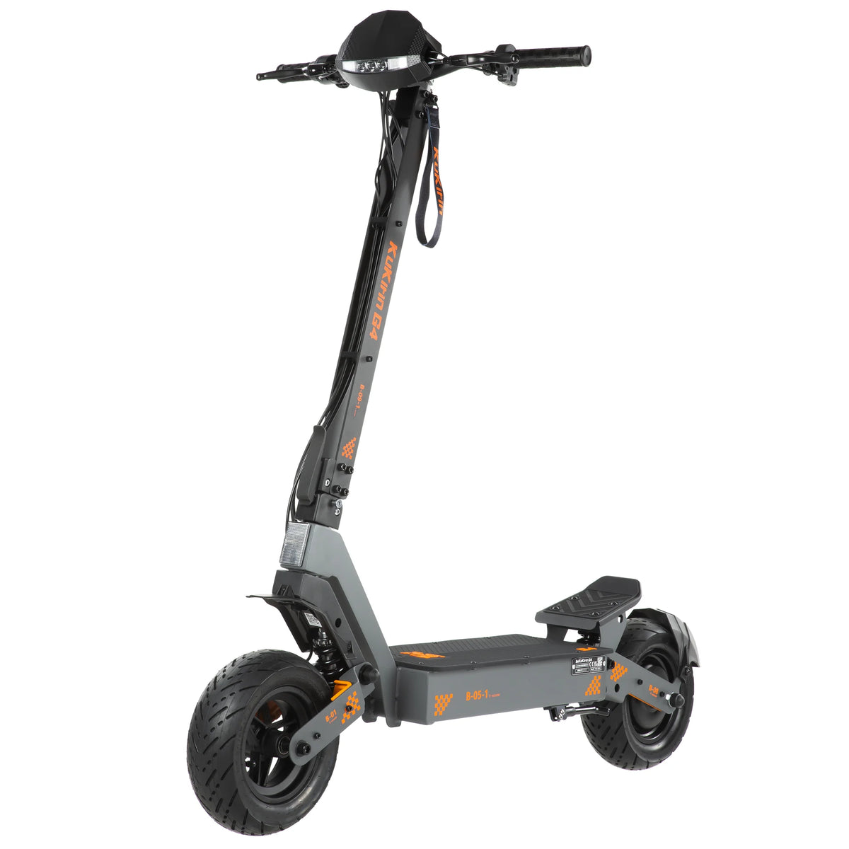 Kukirin G4 grey electric scooter with wide handlebars, orange branding, and large fat tires on a white background.